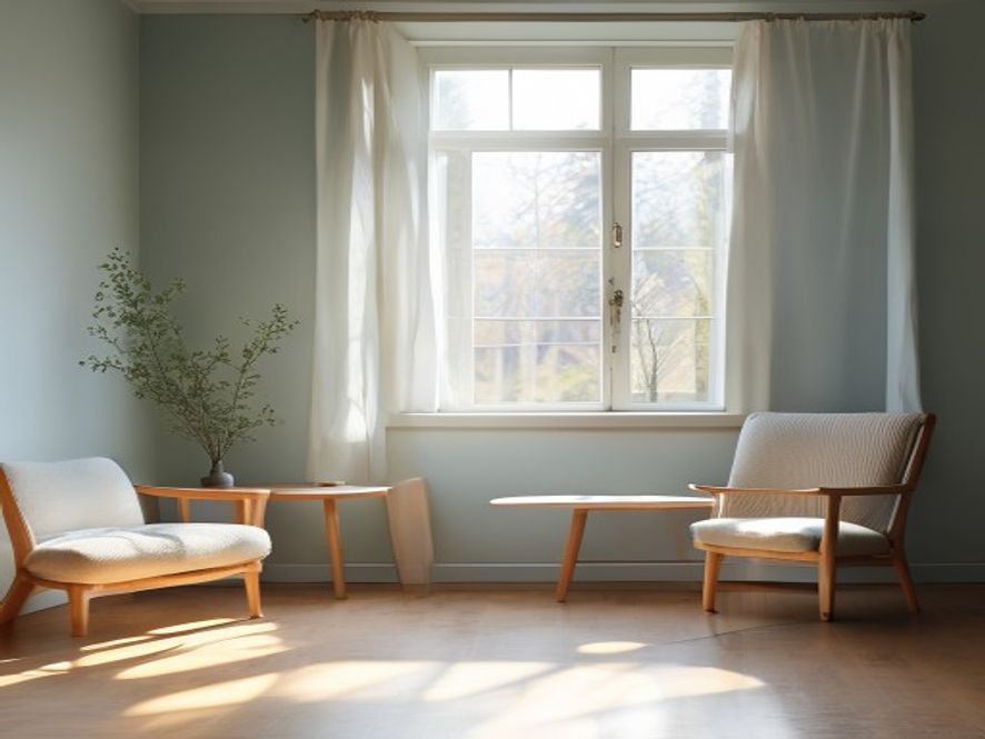 Stille morgenmiljø med blødt naturligt lys gennem vinduet