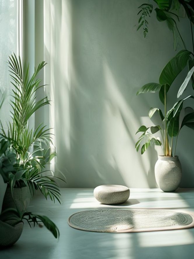 Meditativ stilling med planter og dæmpet belysning